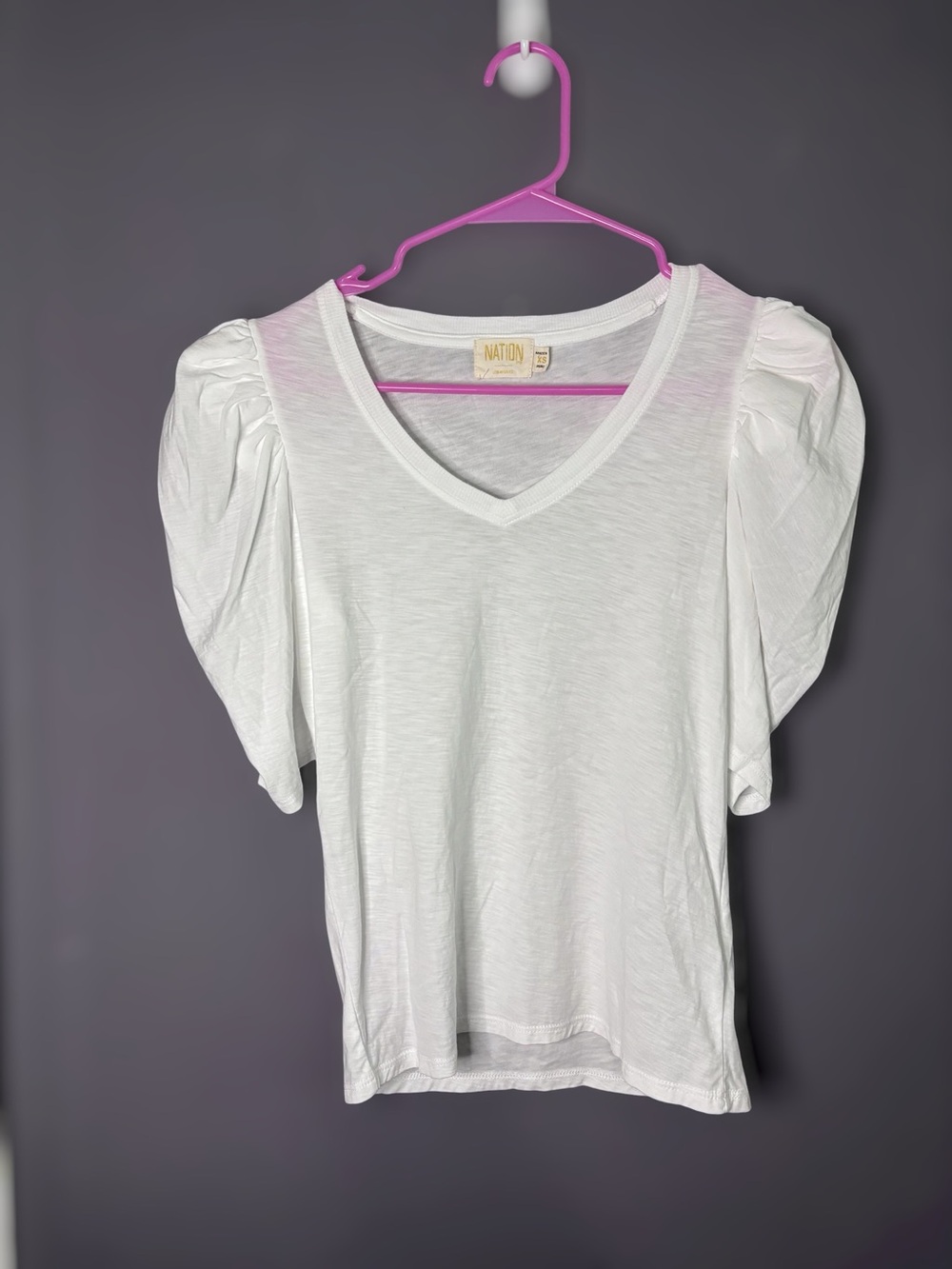 Nation White Pima Cotton Puff Sleeve V Neck Tee XS